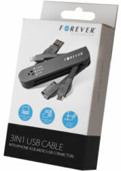 Forever Apple iPhone 3/4/Lightning/micro USB, USB kábel, (3in1), fekete (5900495379078)