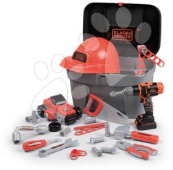 Smoby Valiză de lucru cu mașină de găurit mecanică Black+Decker Toolbox Smoby cu cască de protecție și mașinuță de jucărie pliabilă, 50 de accesorii de la 3 ani (SM360187)