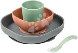 Beaba Set de masă din silicon Beaba 4 piese Set mineral din silicon, 4 piese, gri-portocaliu-verde, de la 4 luni (BE913543) Set pentru masa bebelusi
