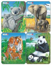 Larsen Set 4 Puzzle mini Animale exotice cu Elefanti, Koala, Panda, Tigri, orientare tip portret, 8 piese, Larsen EduKinder World