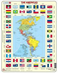 Larsen Puzzle maxi America de Nord si America de Sud cu steaguri (limba engleza), orientare tip vedere, 70 de piese, Larsen EduKinder World Puzzle