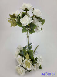 Rózsa hortenzia 7 ágú selyemvirág csokor 27 cm - Törtfehér