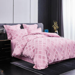 Veluxio Home Lenjerie pat dublu cu smocuri brodate, bumbac finet, 6 piese, roz cu romburi-A366 (A366) Lenjerie de pat