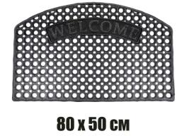  80 х 50 см черна гумена изтривалка със сребърни пъпки и надпис welcome