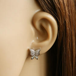 Ekszer Eshop 925 ezüst fülbevaló, ródiumos, pillangó ívelt szárnyakkal, áttetsző cirkóniák