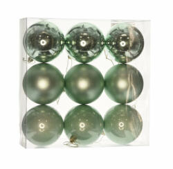 Decoration & Design 3 féle menta zöld színű műanyag gömbdísz 8 cm-es méretben, 9 db-os csomagban