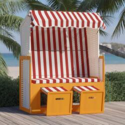 vidaXL Scaun de plajă cu baldachin, roșu&alb, poliratan și lemn masiv (318656) - comfy