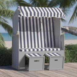 vidaXL Scaun de plajă cu baldachin, albastru&alb, poliratan&lemn masiv (318651) - comfy