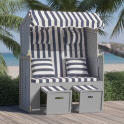 vidaXL Scaun de plajă cu perne, albastru&alb, poliratan&lemn masiv (318660) - comfy