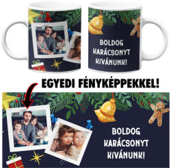 Karácsonyi bögre - Boldog Karácsonyt kék hátteres egyedi fényképpel (karacsonyi-bogre-kek-hattaras-egyedi)