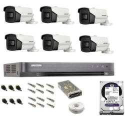 Hikvision Sistem complet de supraveghere profesional Hikvision 6 camere IR60m, DVR 8 canale Turbo HD, inregistrare 4K, HDD 2 Tb, 100 m cablu CCTV, vizualizare pe telefon (2021563019240) - antivandal