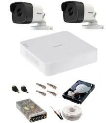 Hikvision Kit complet supraveghere 5 MP Hikvision Turbo HD cu 2 camere Bullet IR 20 m, alimentatori, cabluri, mufe, HDD 500 Gb, vizualizare pe internet (20636-)