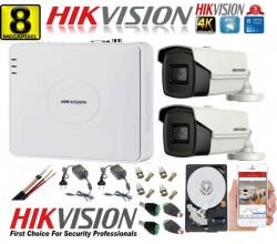 Hikvision Kit supraveghere ultraprofesional Hikvision 2 camere 8MP 4K IR 80M DVR 4 canale accesorii incluse si HDD (201901014962) - antivandal