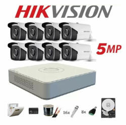 Hikvision Kit complet 8 camere supraveghere exterior 5MP TURBOHD HIKVISION 40 m IR, accesorii+hard 2TB (201801014760) - antivandal