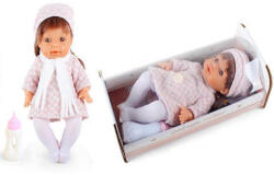 Magic Toys Pisilő baba kockás ruhában hanggal és kisággyal 30 cm (MKL398930)