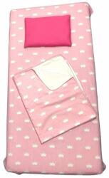 Deseda Set 3 piese pat 120x60 cm cu cearsaf paturica si perna coronite albe pe roz (4607) Lenjerii de pat bebelusi‎, patura bebelusi