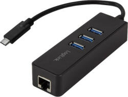 LogiLink HUB extern LOGILINK, porturi USB: USB 3.0 x 3, conectare prin USB 3.2 Type C, cablu 0.1 m, retea 10/100/1000 Mbps (Gigabit), neg