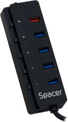 Spacer HUB extern SPACER, porturi USB: USB 3.0 x 4, Port USB Quick Charge x 1, conectare prin USB 3.0, Alimentare retea 220V, negru, "SP