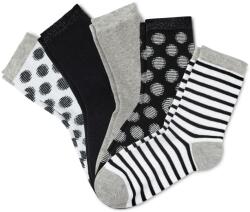 Tchibo 5 pár lány zokni, fekete/szürke/pöttyös 1x fehér, szürke pöttyökkel és csillogó fonallal, 1x fekete, csillogó fonallal, 1x melírozott szürke, csillogó fonallal, 1x fekete, szürke pöttyökkel és csillog