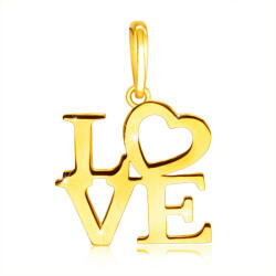 Ekszer Eshop 14K sárga arany medál - " LOVE" felirat nagybetűkkel, szív az O betű helyén