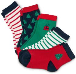 Tchibo 5 pár kisgyerek zokni, karácsonyi 1 piros, belekötött fenyőfával, 1x fehér-zöld csíkos, 1x zöld, belekötött ajándékkal, 1x sötétkék, belekötött fenyőfákkal, 1x piros-fehér csíkos 23-26