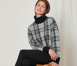 Tchibo Női kötött pulóver, gyapjúval, kockás Melírozott szürke, fekete-krémszínű kockás mintával XL 48/50