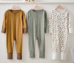 Tchibo 3 kisgyerek egyrészes pizsama szettben, mintás 1x sárga-barna csíkos, 1x zöld, hímzett mosómedve mintás, 1x színes nyomott mintás 74/80