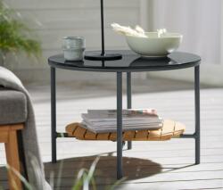 Tchibo Kerti dohányzóasztal, üveg/eukaliptusz, "Elin" Teakfa hatású eukaliptuszfa tárolórekesz Fekete asztallap, váz és csavarok/vasalatok