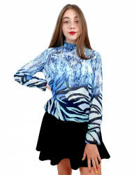 mar. fashion Дамска блуза с дълъг ръкав и ластик в кръста с интересен принт в синьо (03421-01a-01)