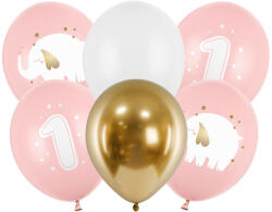 PartyDeco Латексови балони - Първи рожден ден, розово слонче, 6 бр
