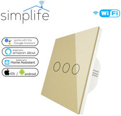 Simplife okos WiFi + RF villanykapcsoló - arany - csak fázis szükséges - 3 csatornás - Amazon Alexa, Google Home, iOS/Android