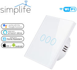 Simplife okos 3 csatornás villanykapcsoló (WiFi + RF) - fehér - (csak fázis, vagy fázis+nulla kötéssel) PST-WT-E3-W