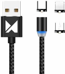 Töltő: Wozinsky - 3in1 USB fekete szövetkábel, cserélhető mágneses Type-C/MicroUSB/Lightning fejekkel, 2, 4A
