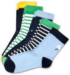 Tchibo 5 pár női zokni, mintás, színes 1x sötétkék, sárga elemekkel és egy helyen belekötött virágmintával, 1x zöld-fehér csíkos, zöld elemekkel, 1x sötétkék, világoskék elemekkel és színes, teljes felületű 
