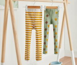 Tchibo 2 kisgyerek kötött leggings szettben, szörnyes 1x zöld, barna-sárga belekötött szörnymintával, 1x sárga-fehér csíkos 122/128