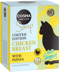 Cosma 24x40g Cosma Soup nedves macskatáp- Nyári kiadás: Csirkemell & papaya