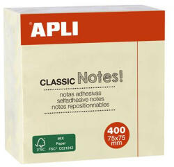 APLI Öntapadó jegyzettömb, 75x75 mm, 400 lap, APLI "Classic", sárga (LNP11597) - onlinepapirbolt