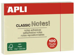 APLI Öntapadó jegyzettömb, 50x75 mm, 100 lap, APLI "Classic", sárga (LNP10971) - onlinepapirbolt