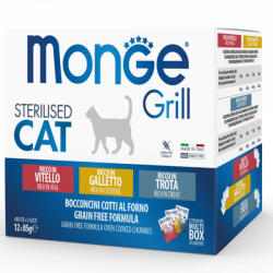 Monge Grill 12x85g Alutasak Steril Borjú, Kakas, Pisztráng - tenyesztoitap