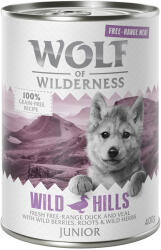 Wolf of Wilderness Wolf of Wilderness "Free-Range Meat" Junior 6 x 400 g - Wild Hills Rață crescută în aer liber & vițel crescut
