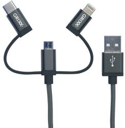 Grixx Cablu date GRIXX Optimum - 3 in 1 Micro USB/USB-C/8-pin Apple MFI License, impletit, lungime 1m - gr (GROCA3IN1FG01) - pcone