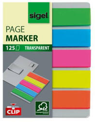 Sigel Jelölőcímke, műanyag, 5x25 lap, 12x50 mm, klippel, SIGEL "Clip", vegyes szín (SIHN610) - onlinepapirbolt