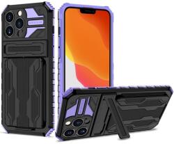 Wooze Samsung Galaxy A02 SM-A022F, Műanyag hátlap védőtok szilikon belső, közepesen ütésálló, kitámasztóval, kártyatartóval, Wooze Transformer, fekete/lila (127840) (127840)