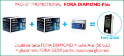 Fora Pachet DIAMOND Plus (2 cutii teste glicemie FORA Diamond + glucometru FORA Diamond GD50 + cutie lancete FORA cu 50 buc) (PROMO DIAMOND Plus)