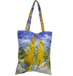 SHOPIKA Geanta shopper din material textil satinat, cu imprimeu inspirat dintr-o pictura cu chiparosi a lui Van Gogh Multicolor