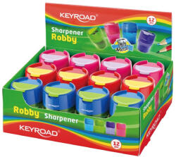 Keyroad Hegyező 2 lyukú tartályos, fedeles, fém belsővel 12 db/display Keyroad Robby vegyes színek - delfinbuvar