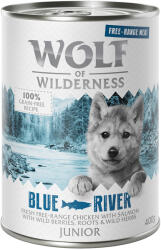 Wolf of Wilderness 24x400g Wolf of Wilderness Free-Range Meat Junior Blue River szabad tartású csirke & lazac nedves kutyatáp