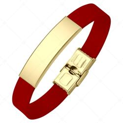  BALCANO - Piros színű bőr karkötő, gravírozható, téglalap alakú 18K arany bevonatú nemesacél fejrésszel / 26 cm