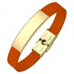 BALCANO - Narancs színű bőr karkötő, gravírozható, téglalap alakú 18K arany bevonatú nemesacél fejrésszel / 23 cm