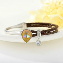  Platinával bevont karkötő színjátszó pezsgőszínű csepp alakú Swarovski kristállyal, barna bőrszíjjal (0402. ) (1400423A081)